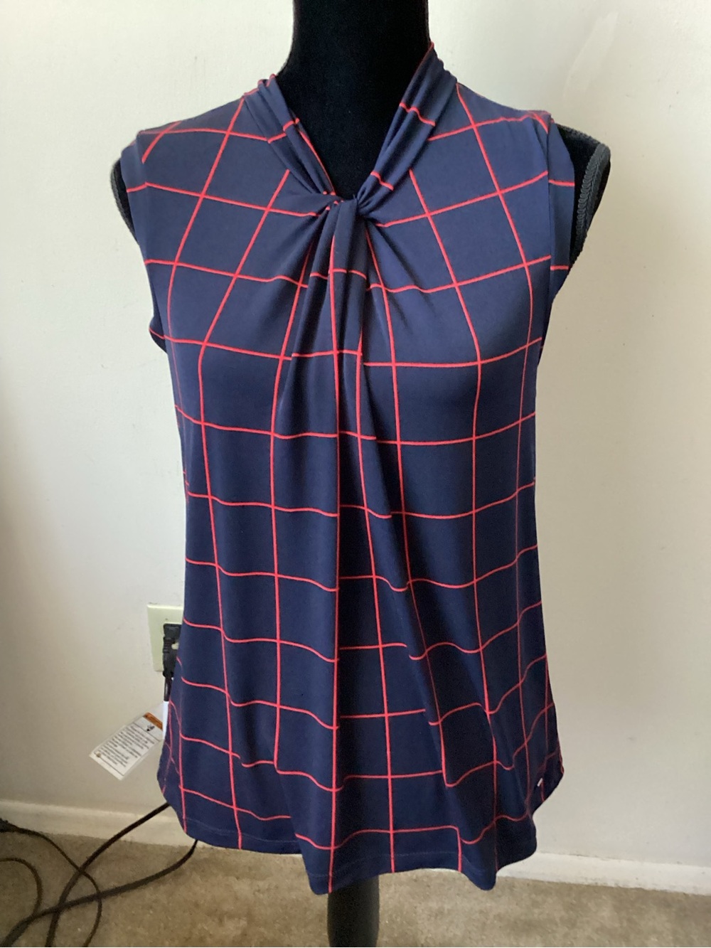 Tommy Hilfiger Sleeveless Navy Grid Twist-Neck Women's Top